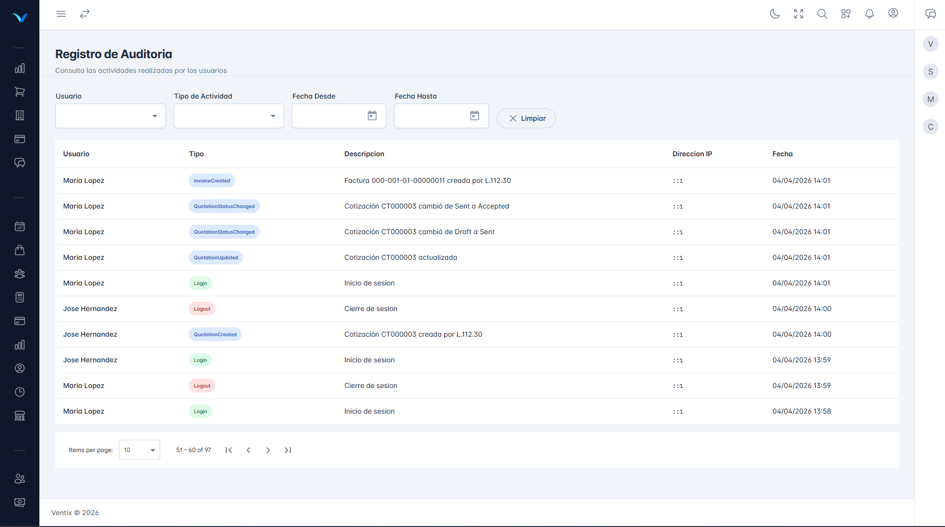 Registro de Auditoria Ventix - Trazabilidad completa