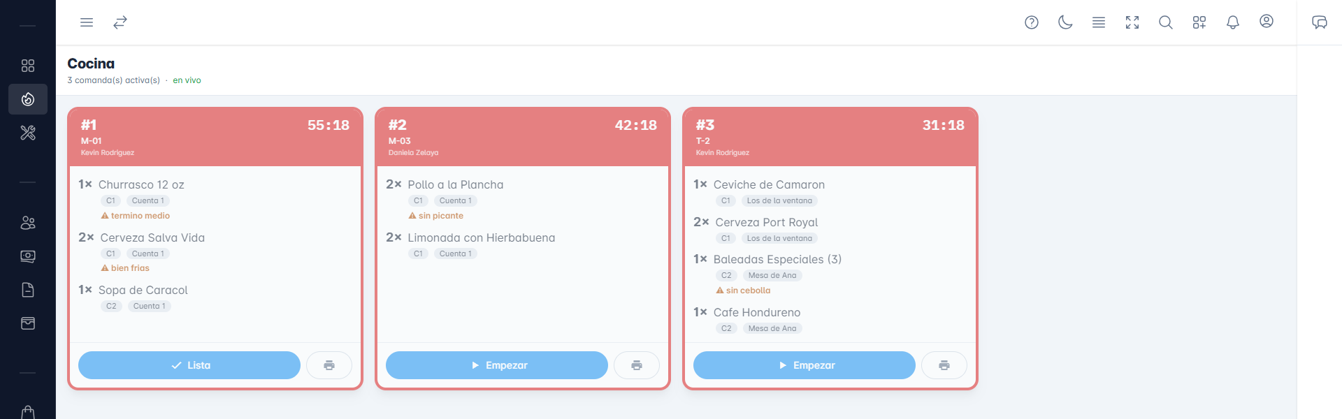 Pantalla de cocina de Ventix con las comandas activas y su tiempo de espera
