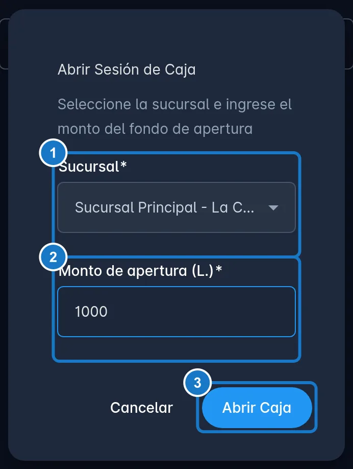 Ventana Abrir Sesión de Caja en un celular, con los mismos campos: 1, Sucursal; 2, Monto de apertura (L.); 3, el botón Abrir Caja.