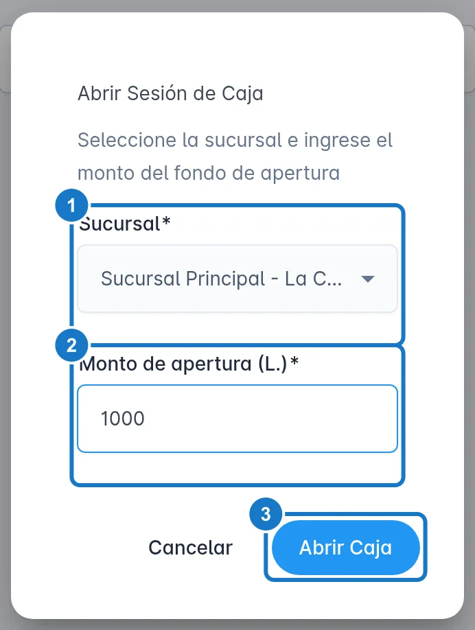 Ventana Abrir Sesión de Caja en un celular, con los mismos campos: 1, Sucursal; 2, Monto de apertura (L.); 3, el botón Abrir Caja.