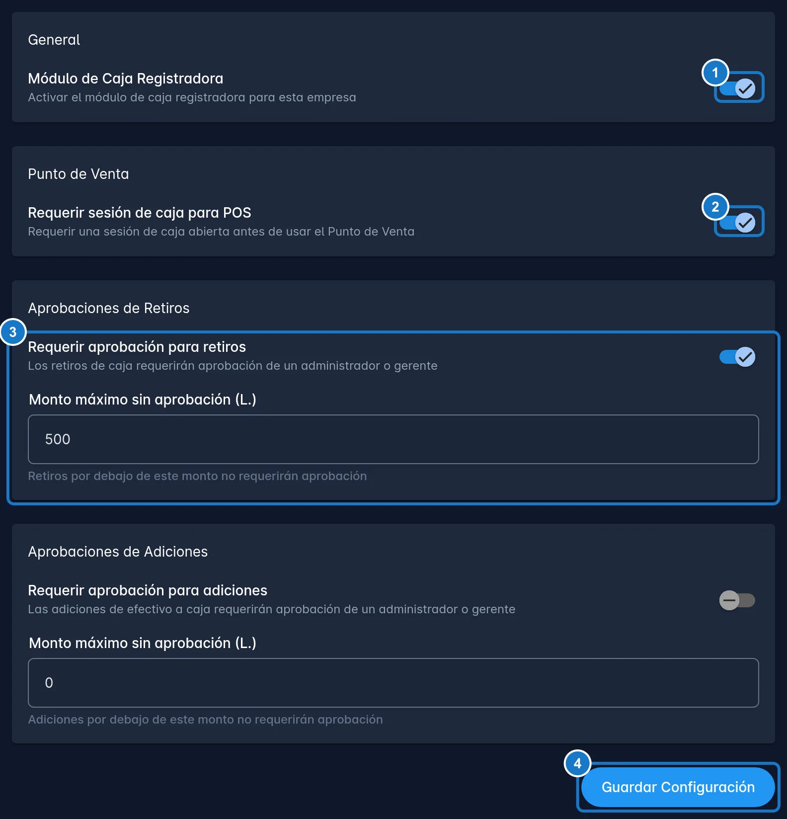 Pantalla Configuración de Caja Registradora: 1, el interruptor Módulo de Caja Registradora encendido; 2, Requerir sesión de caja para POS; 3, Requerir aprobación para retiros con el monto máximo de L 500; 4, el botón Guardar Configuración.