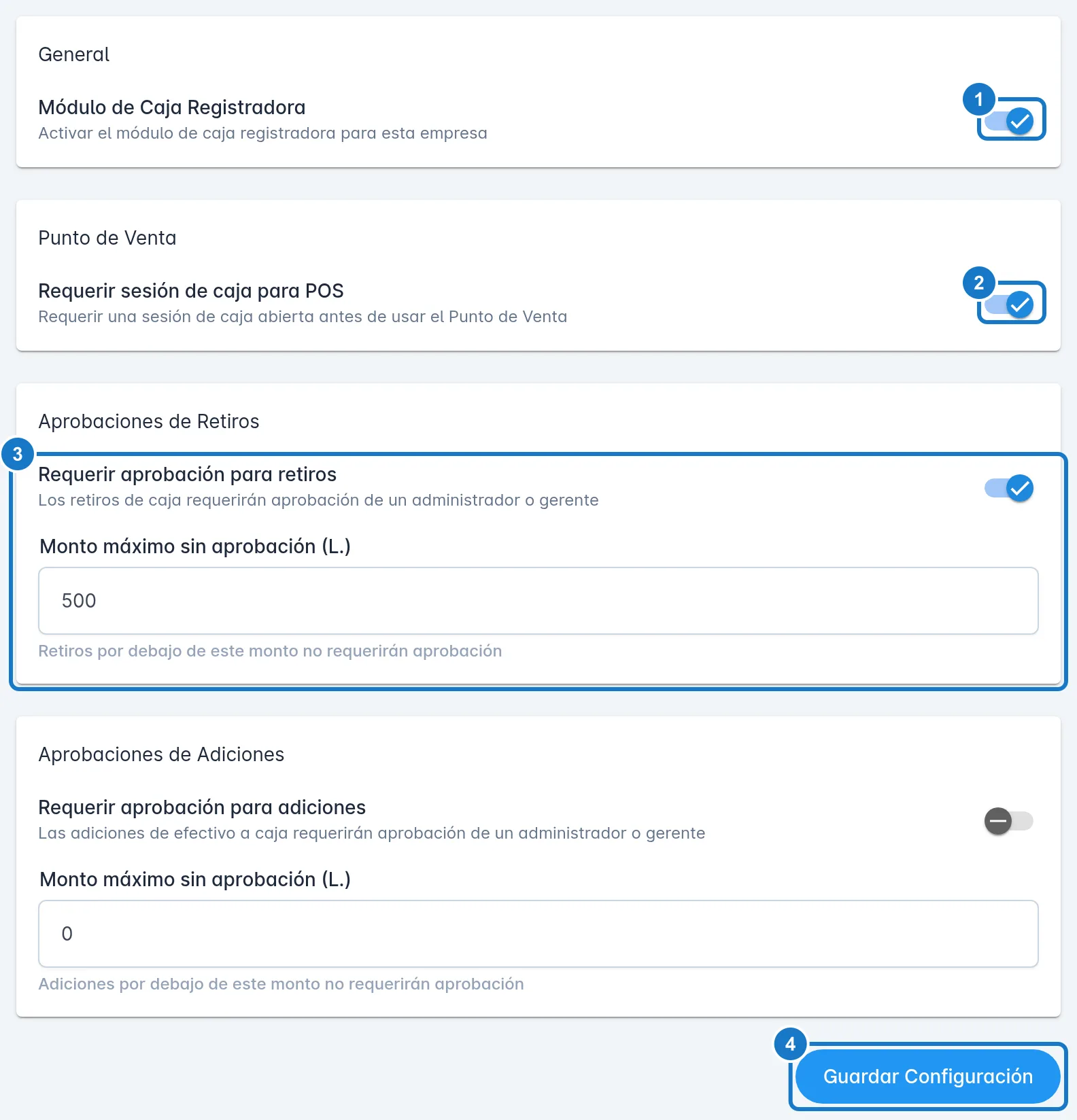 Pantalla Configuración de Caja Registradora: 1, el interruptor Módulo de Caja Registradora encendido; 2, Requerir sesión de caja para POS; 3, Requerir aprobación para retiros con el monto máximo de L 500; 4, el botón Guardar Configuración.