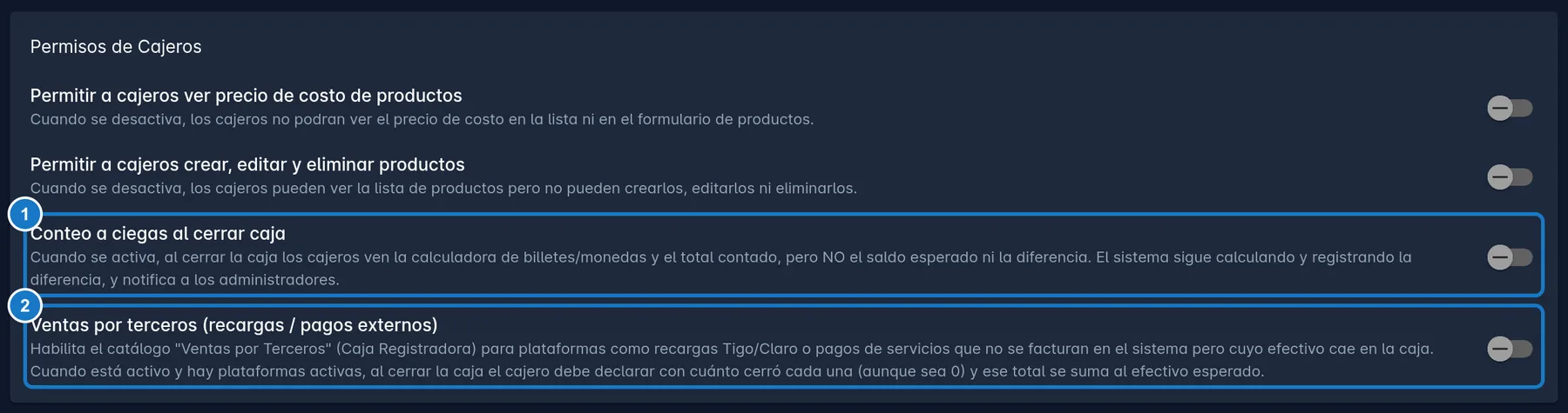 Tarjeta Permisos de Cajeros de Mi Empresa, con sus interruptores; marcado con el 1, Conteo a ciegas al cerrar caja, y con el 2, Ventas por terceros (recargas / pagos externos).