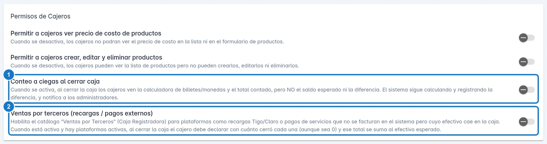 Tarjeta Permisos de Cajeros de Mi Empresa, con sus interruptores; marcado con el 1, Conteo a ciegas al cerrar caja, y con el 2, Ventas por terceros (recargas / pagos externos).