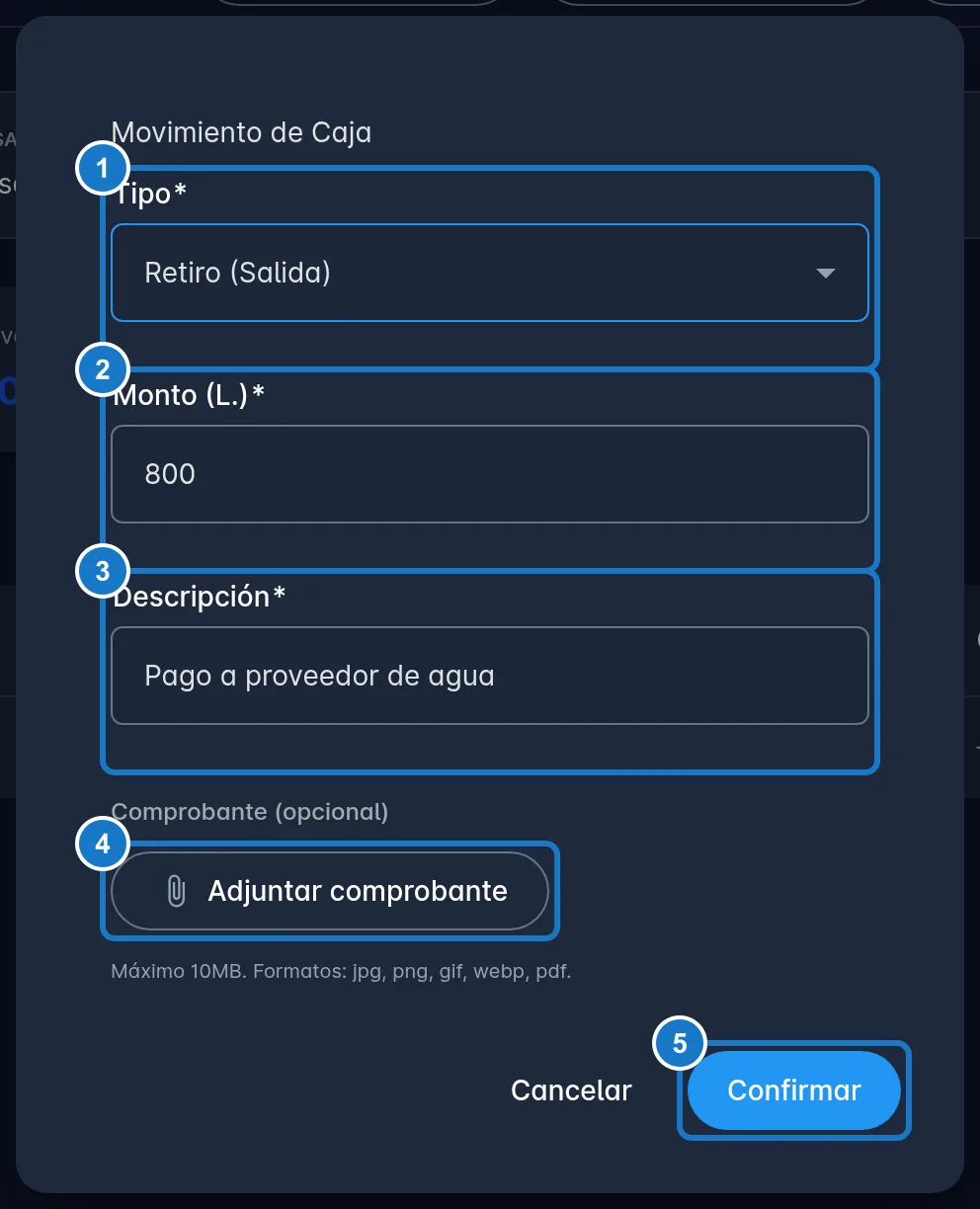 Ventana Movimiento de Caja: 1, el campo Tipo con Retiro (Salida); 2, Monto (L.) con 800; 3, Descripción con Pago a proveedor de agua; 4, el botón Adjuntar comprobante; 5, el botón Confirmar.