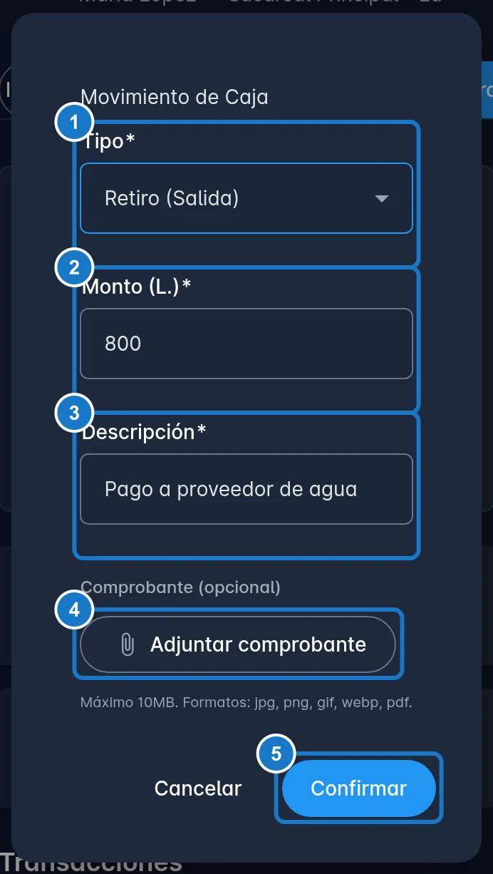 La misma ventana Movimiento de Caja en un celular: 1, Tipo; 2, Monto (L.); 3, Descripción; 4, Adjuntar comprobante; 5, Confirmar.