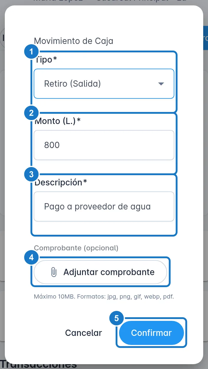 La misma ventana Movimiento de Caja en un celular: 1, Tipo; 2, Monto (L.); 3, Descripción; 4, Adjuntar comprobante; 5, Confirmar.
