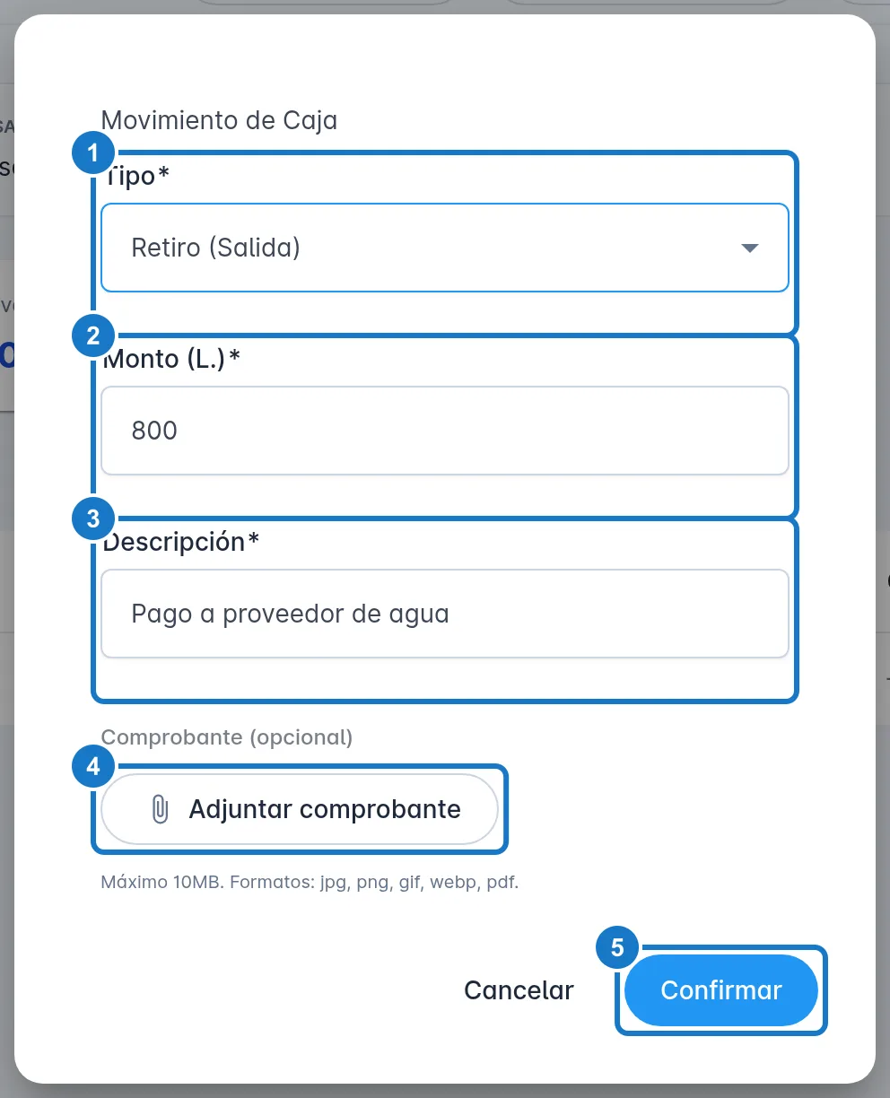 Ventana Movimiento de Caja: 1, el campo Tipo con Retiro (Salida); 2, Monto (L.) con 800; 3, Descripción con Pago a proveedor de agua; 4, el botón Adjuntar comprobante; 5, el botón Confirmar.