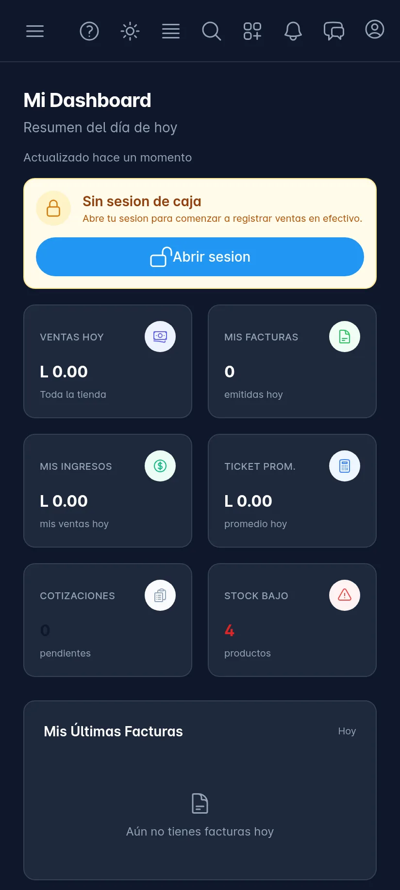 Panel del cajero en un celular: el título Mi Dashboard, el aviso de la caja y las tarjetas del día de dos en dos.
