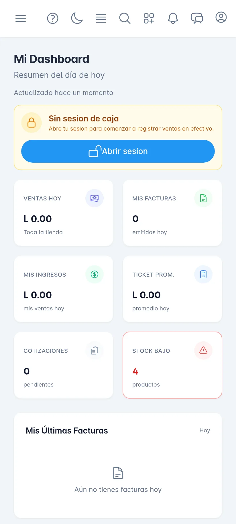 Panel del cajero en un celular: el título Mi Dashboard, el aviso de la caja y las tarjetas del día de dos en dos.