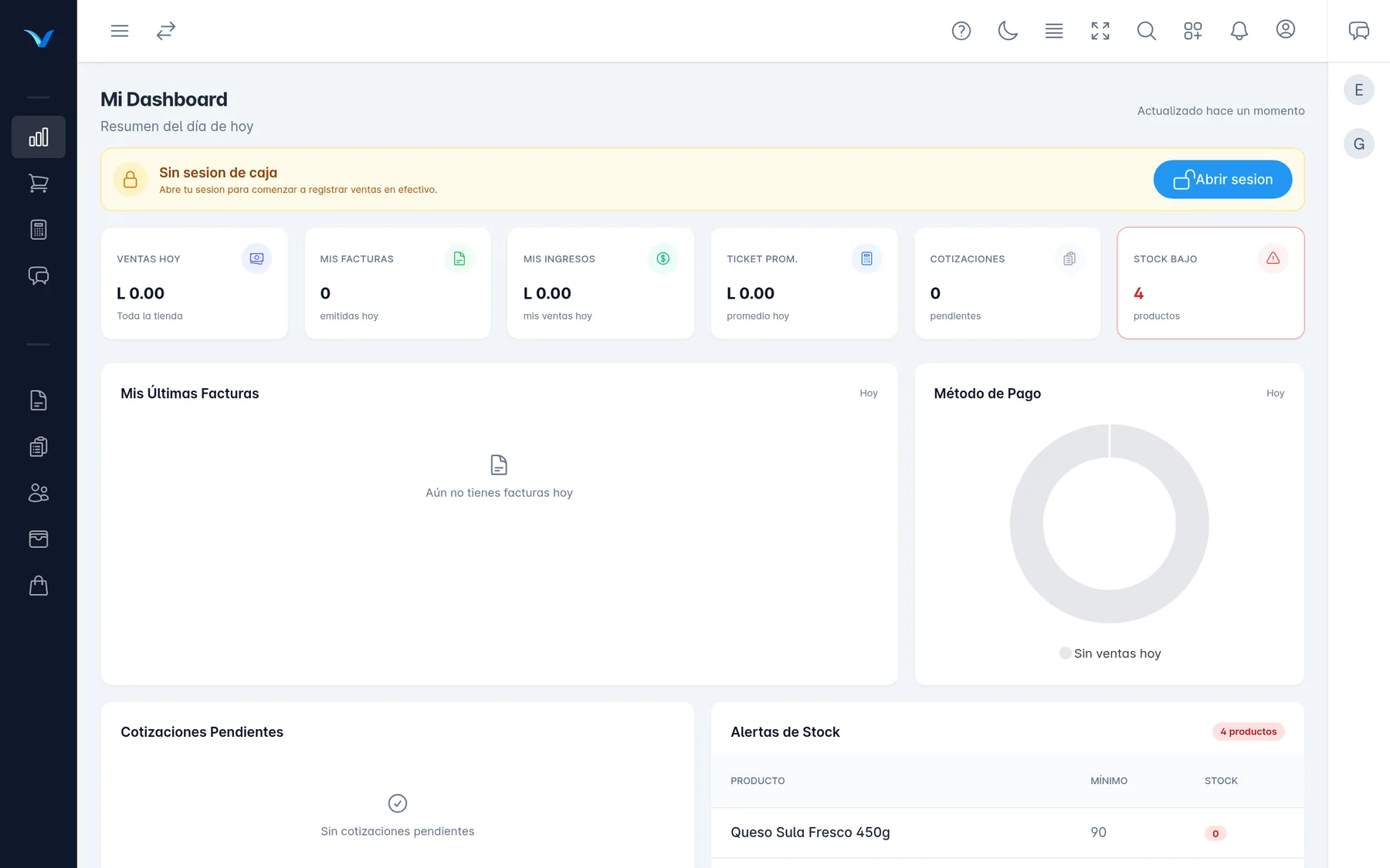 Panel del cajero completo: arriba el aviso de la caja; debajo las seis tarjetas Ventas Hoy, Mis Facturas, Mis Ingresos, Ticket Prom., Cotizaciones y Stock Bajo; y luego la tabla Mis Últimas Facturas y el gráfico Método de Pago. Más abajo siguen Cotizaciones Pendientes y Alertas de Stock.