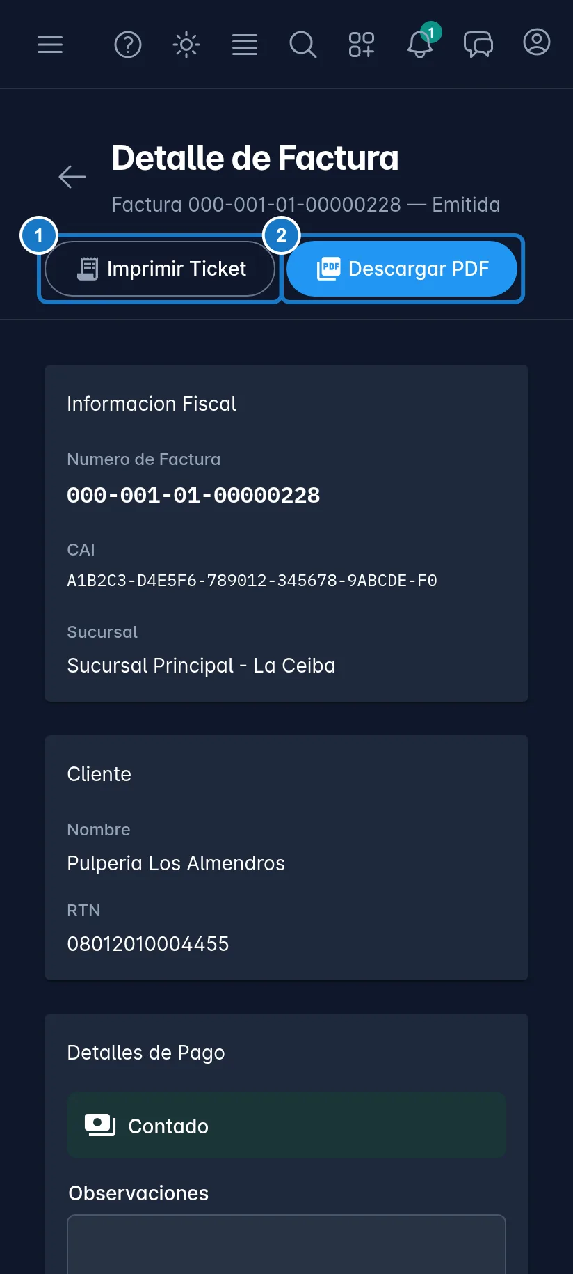 Detalle de Factura en un celular: 1, el botón Imprimir Ticket; 2, el botón Descargar PDF, debajo del número de la factura.