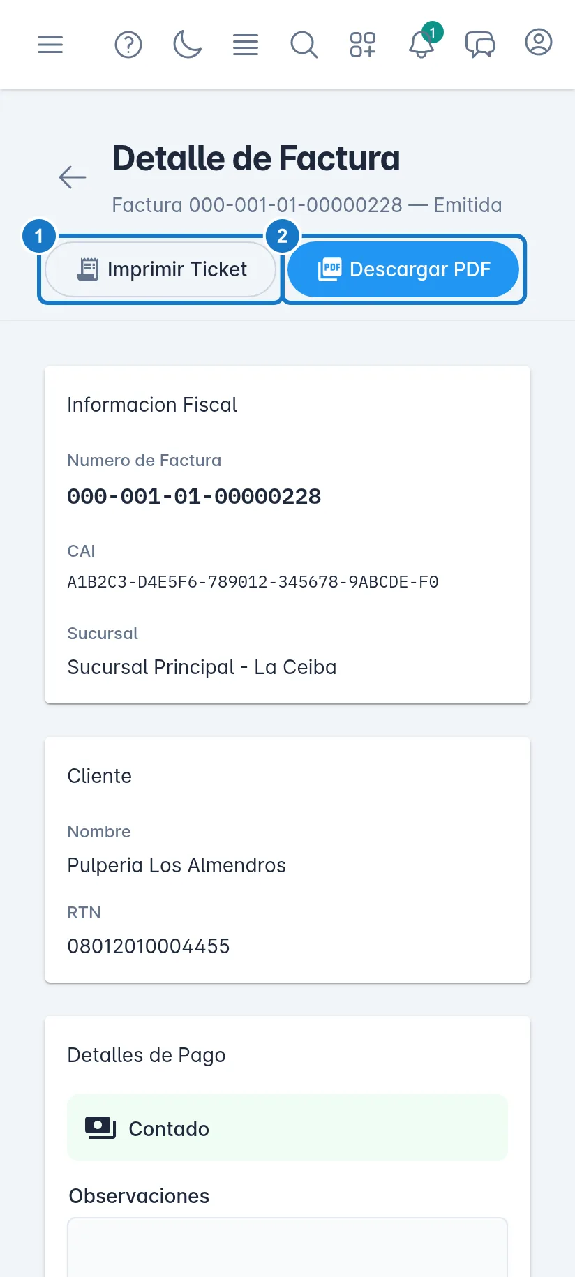 Detalle de Factura en un celular: 1, el botón Imprimir Ticket; 2, el botón Descargar PDF, debajo del número de la factura.