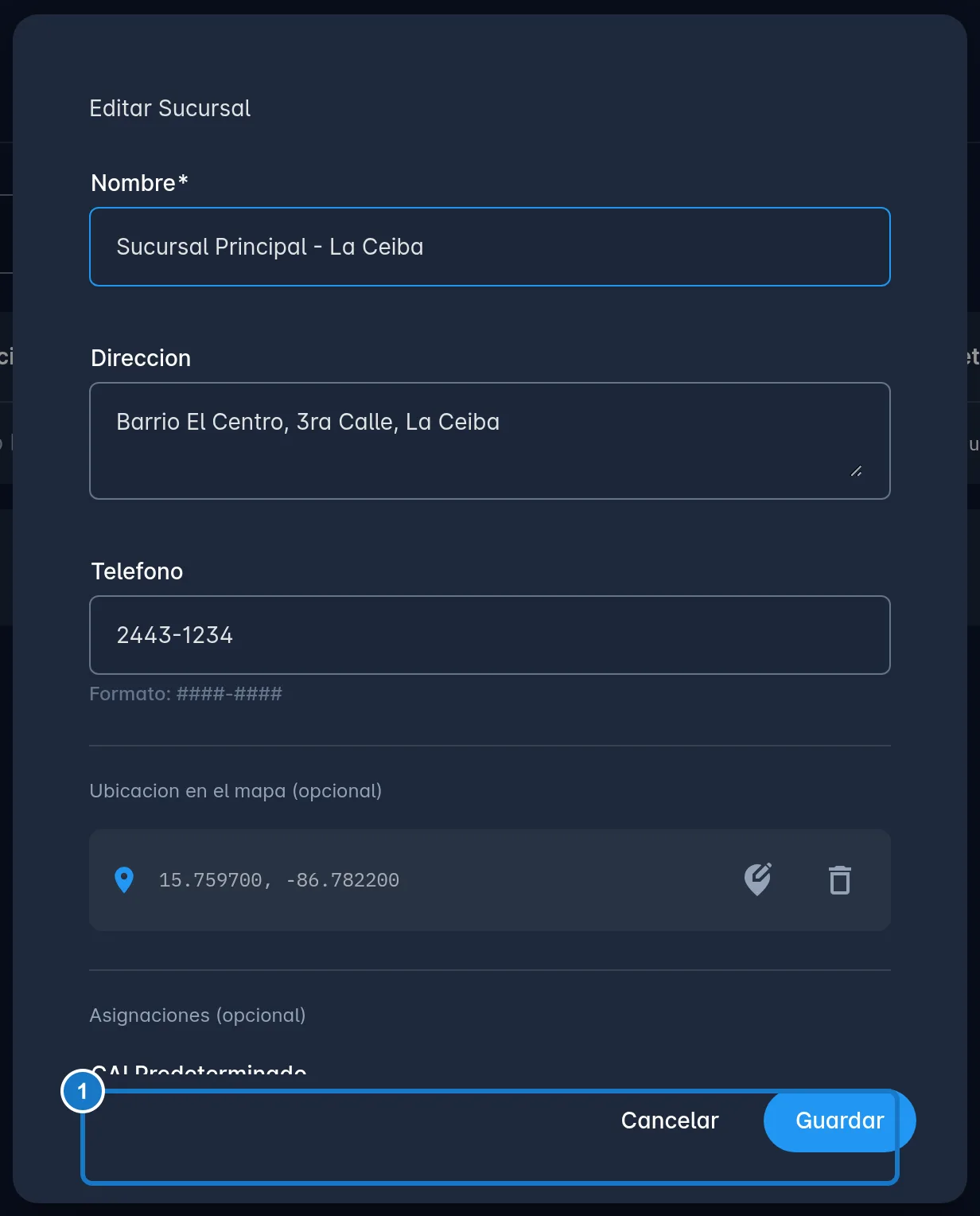 Diálogo Editar Sucursal. En la sección Asignaciones (opcional) está marcado con el 1 el campo CAI Predeterminado, que muestra el nombre y el código del CAI elegido.