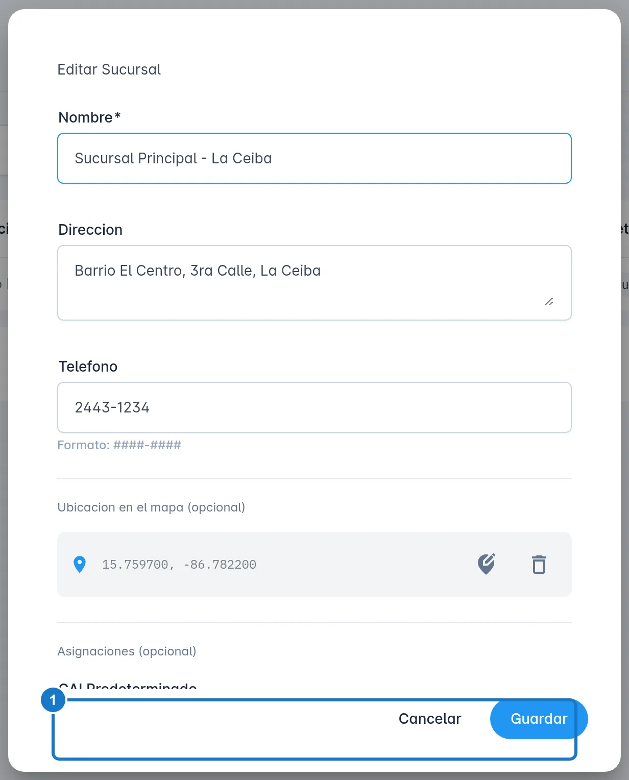 Diálogo Editar Sucursal. En la sección Asignaciones (opcional) está marcado con el 1 el campo CAI Predeterminado, que muestra el nombre y el código del CAI elegido.