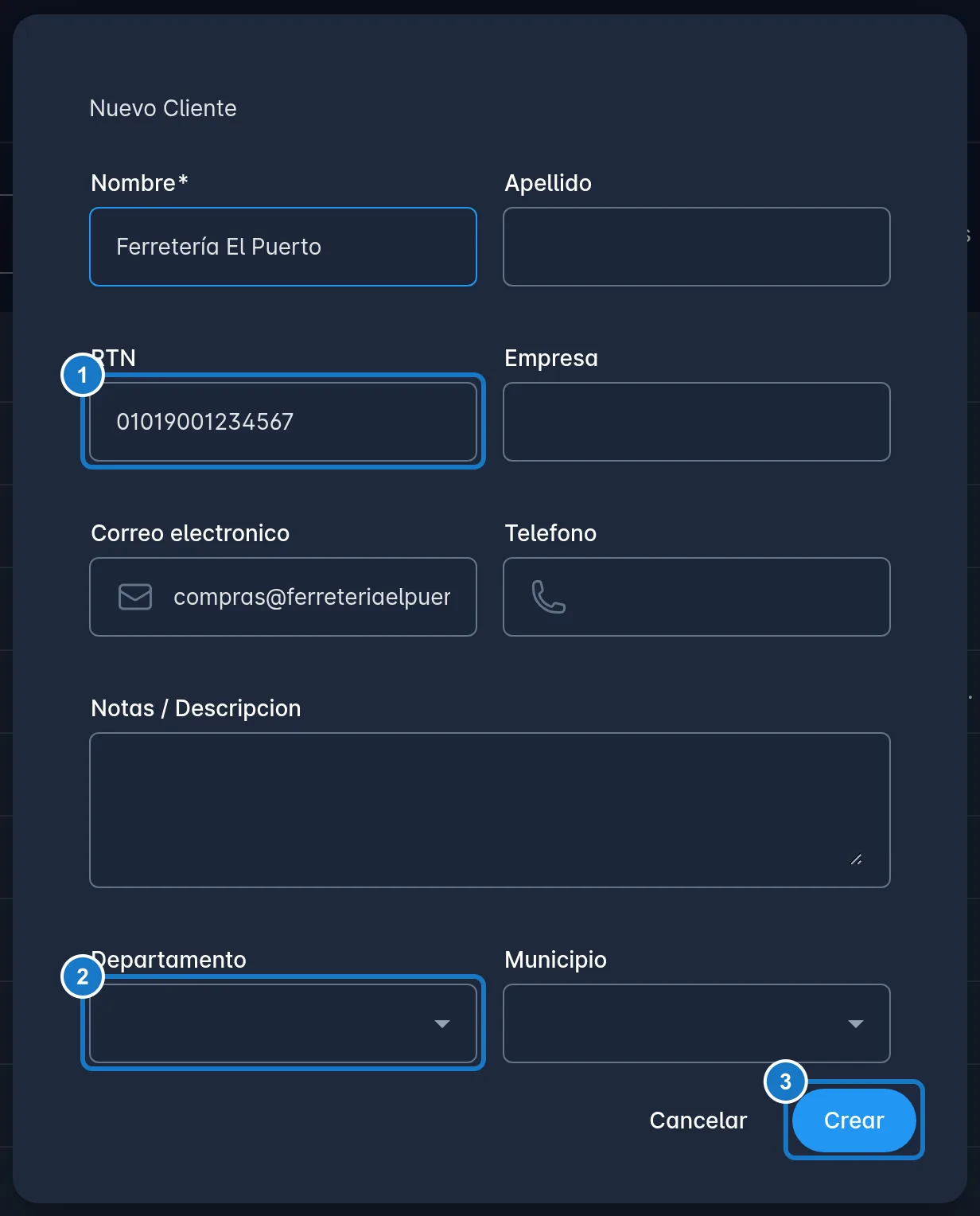 Diálogo Nuevo Cliente con los campos Nombre, Apellido, RTN, Empresa, Correo electronico, Telefono, Notas / Descripcion, Departamento, Municipio y Sexo: 1, el campo RTN; 2, el campo Departamento; 3, el botón Crear.