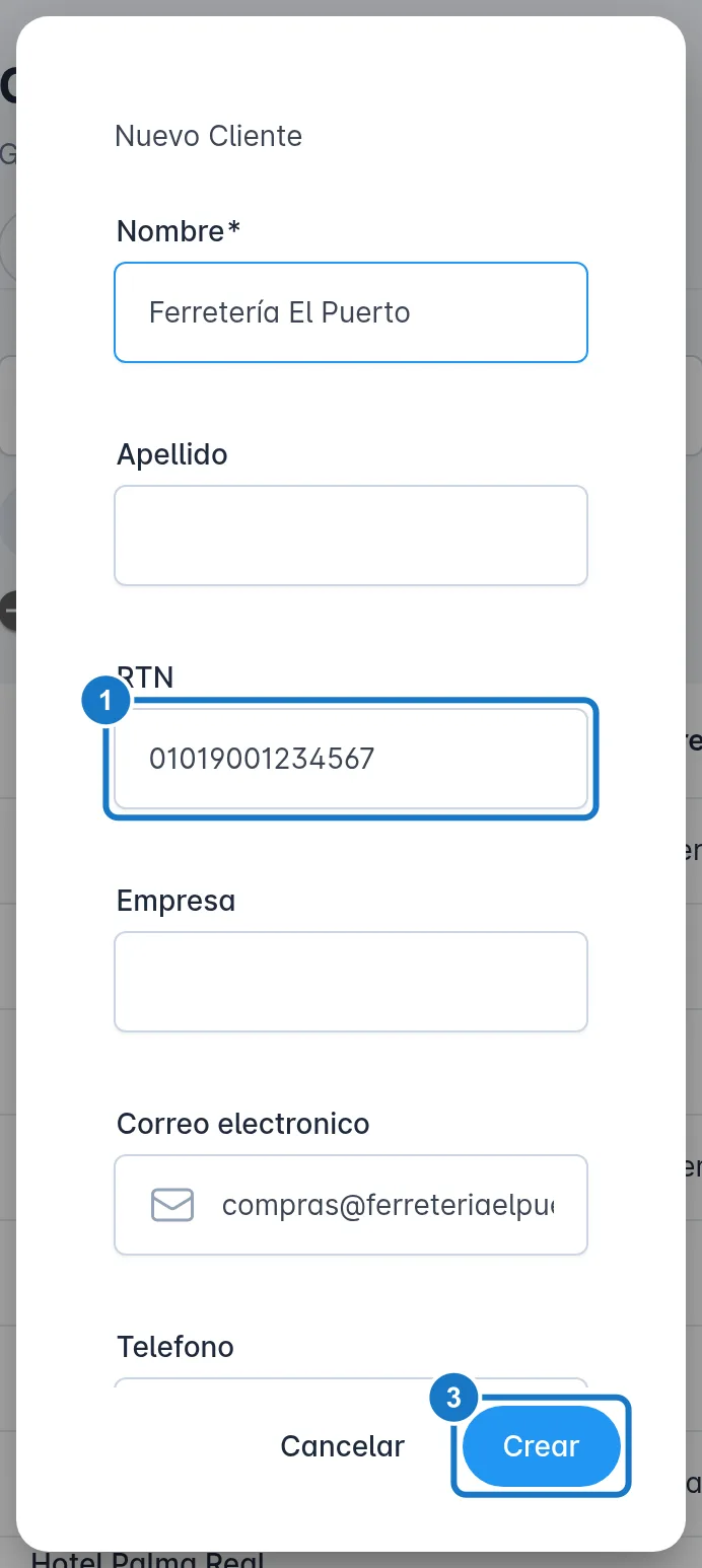 Diálogo Nuevo Cliente en un celular, con los campos uno debajo del otro: 1, el campo RTN; 2, el campo Departamento; 3, el botón Crear.