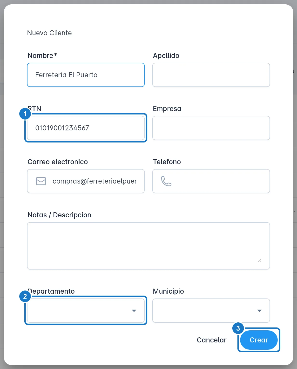 Diálogo Nuevo Cliente con los campos Nombre, Apellido, RTN, Empresa, Correo electronico, Telefono, Notas / Descripcion, Departamento, Municipio y Sexo: 1, el campo RTN; 2, el campo Departamento; 3, el botón Crear.