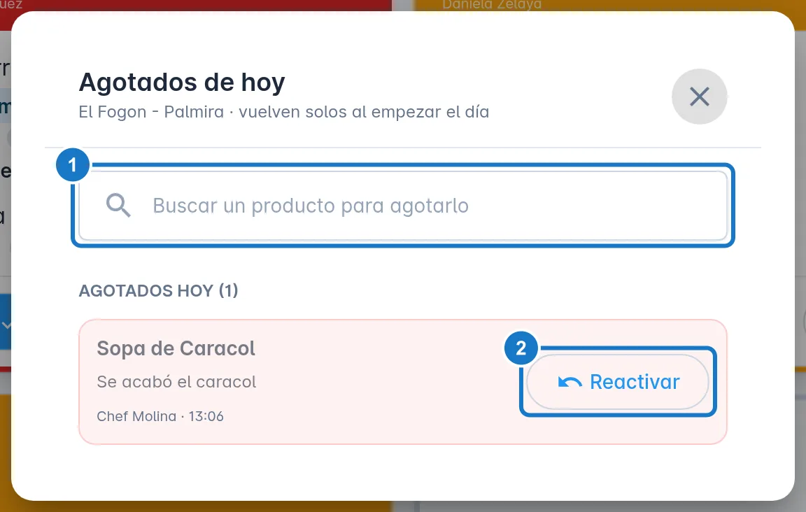 Ventana Agotados de hoy. Marcado con el 1, el campo Buscar un producto para agotarlo; con el 2, el botón Reactivar de un producto de la lista Agotados hoy.