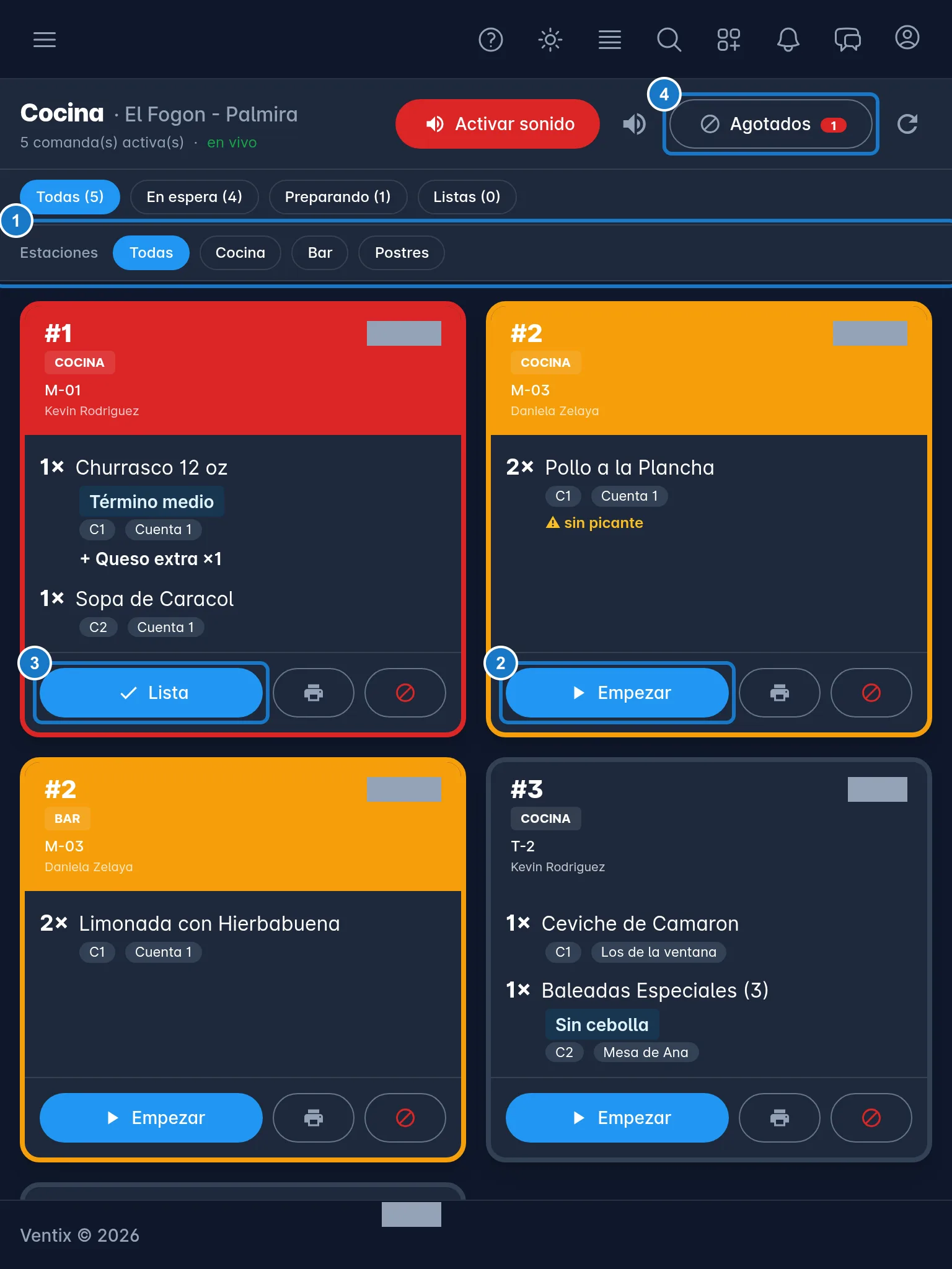 Pantalla Cocina en una tablet, con las comandas en tarjetas. Marcados: 1, la fila Estaciones; 2, el botón Empezar de una comanda en espera; 3, el botón Lista de una comanda en preparación; 4, el botón Agotados.