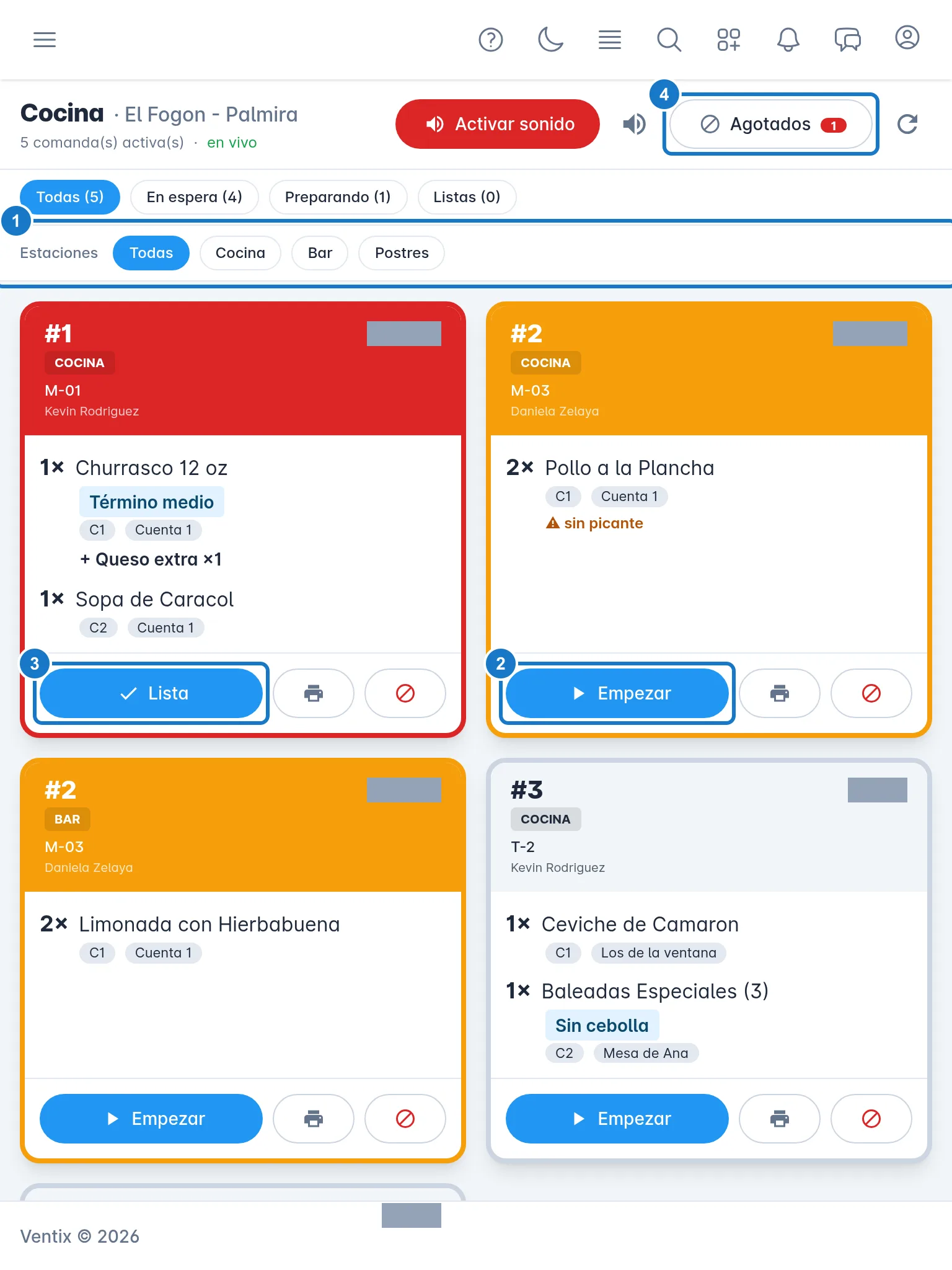 Pantalla Cocina en una tablet, con las comandas en tarjetas. Marcados: 1, la fila Estaciones; 2, el botón Empezar de una comanda en espera; 3, el botón Lista de una comanda en preparación; 4, el botón Agotados.