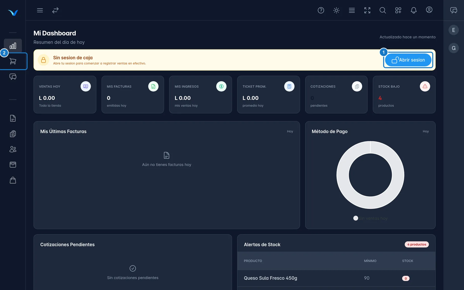 Pantalla Mi Dashboard del cajero. Arriba está el aviso Sin sesion de caja con el botón Abrir sesion, marcado con el 1. En el menú de la izquierda, marcado con el 2, está Punto de Venta. Debajo están las tarjetas Ventas Hoy, Mis Facturas y Mis Ingresos.