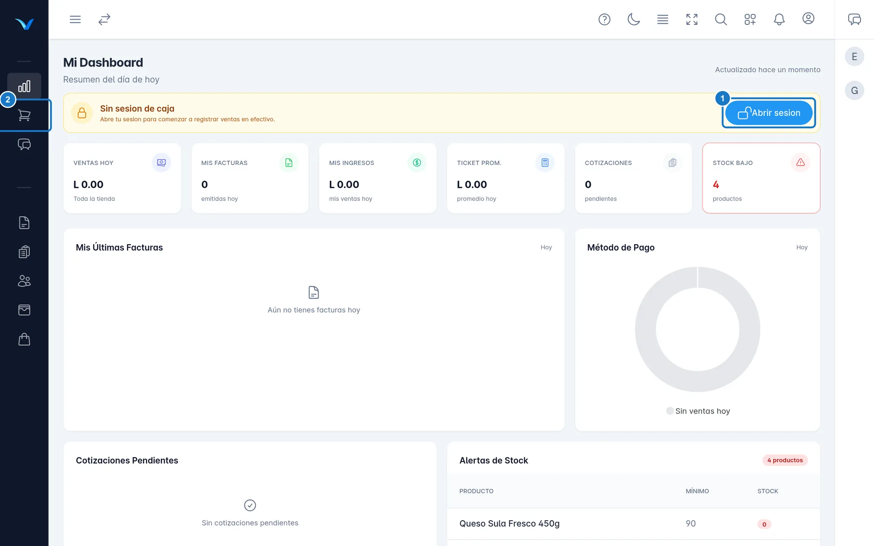 Pantalla Mi Dashboard del cajero. Arriba está el aviso Sin sesion de caja con el botón Abrir sesion, marcado con el 1. En el menú de la izquierda, marcado con el 2, está Punto de Venta. Debajo están las tarjetas Ventas Hoy, Mis Facturas y Mis Ingresos.