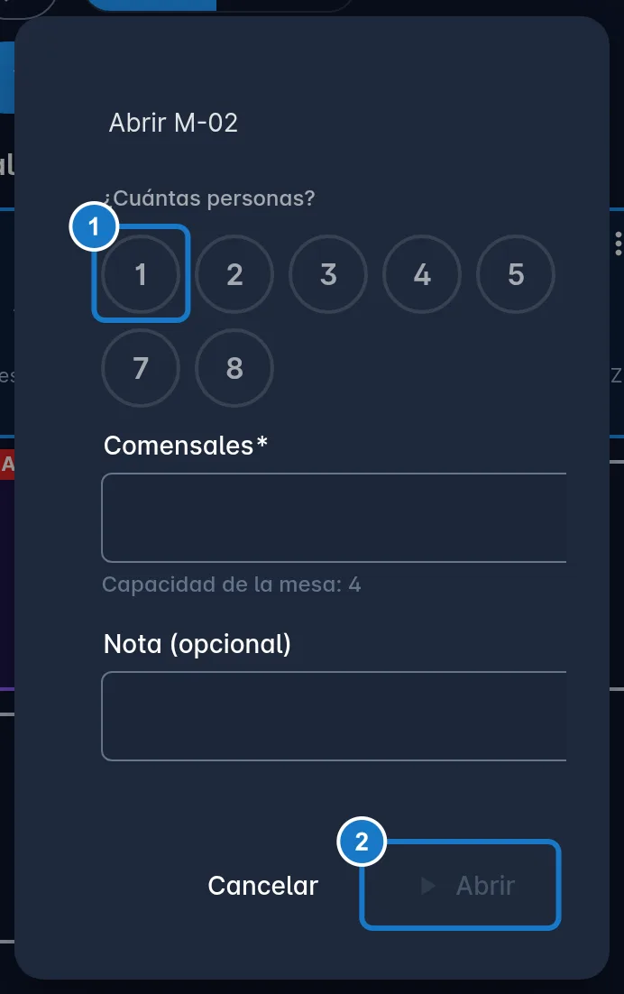 Ventana Abrir mesa en un celular, con la pregunta Cuántas personas: 1, los botones del 1 al 8; 2, el botón Abrir.