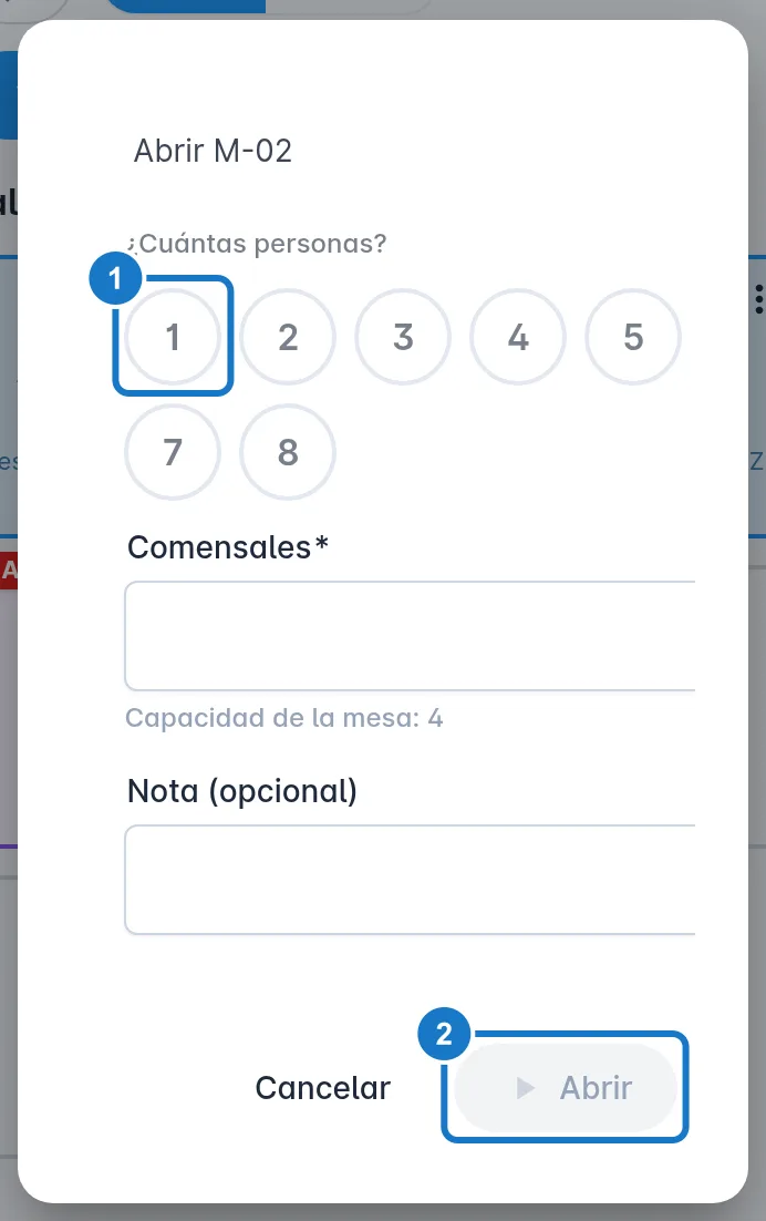 Ventana Abrir mesa en un celular, con la pregunta Cuántas personas: 1, los botones del 1 al 8; 2, el botón Abrir.