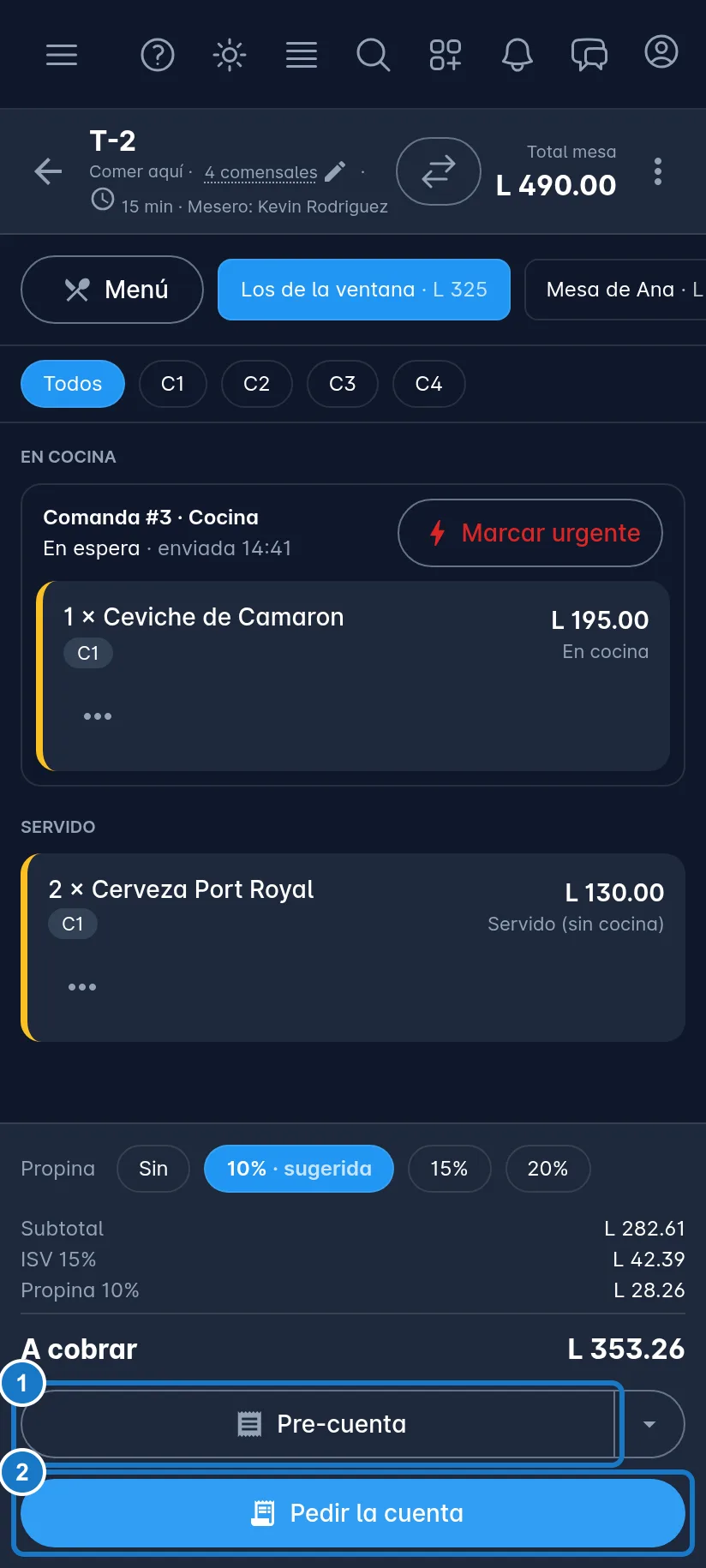 Cuenta de una mesa en un celular. Abajo están la fila Propina, el Subtotal, el ISV y A cobrar. Marcado con el 1, el botón Pre-cuenta; con el 2, el botón Pedir la cuenta.