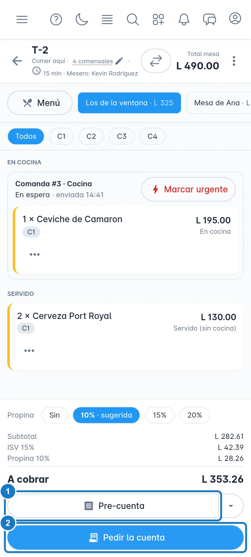 Cuenta de una mesa en un celular. Abajo están la fila Propina, el Subtotal, el ISV y A cobrar. Marcado con el 1, el botón Pre-cuenta; con el 2, el botón Pedir la cuenta.