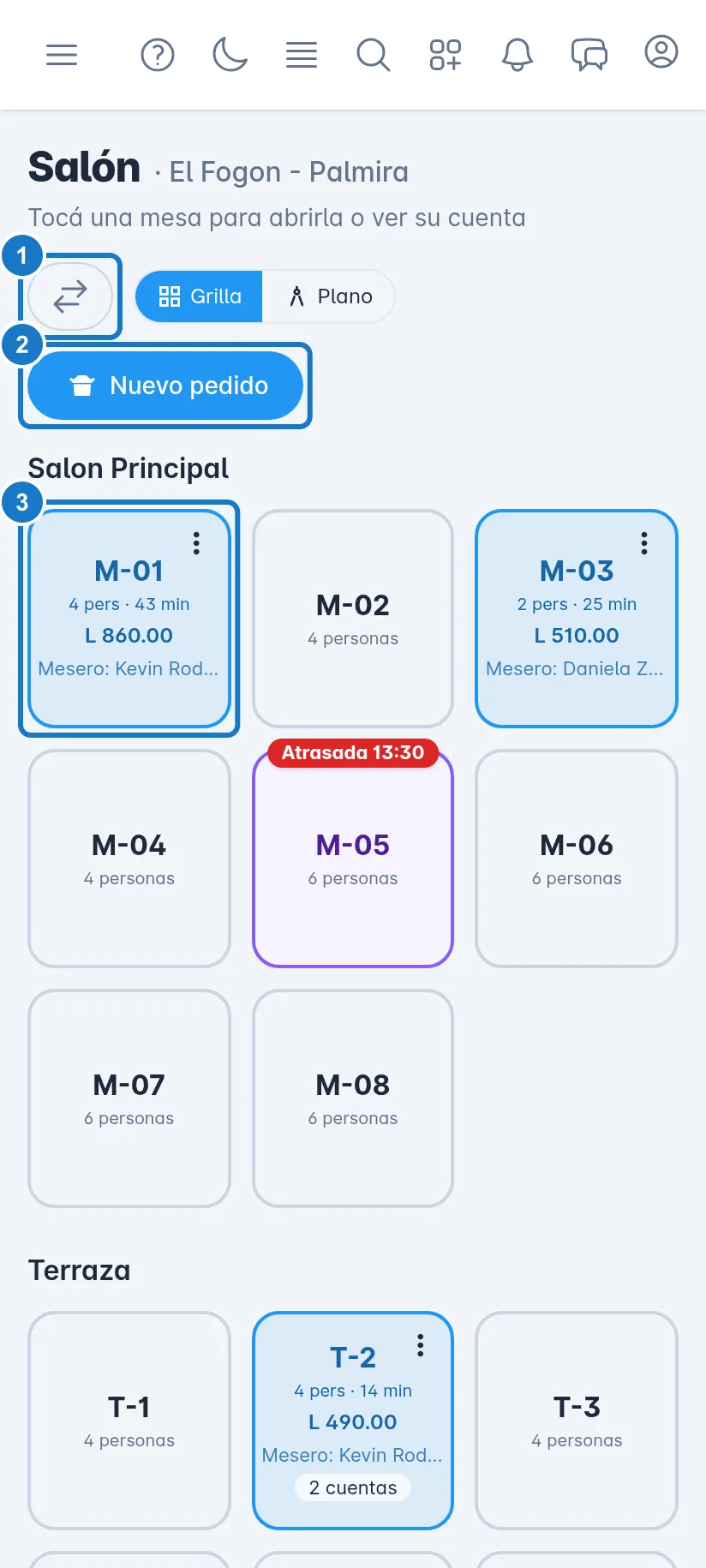 Salón en un celular. Marcado con el 1, el botón Cambiar de mesero, solo con el ícono de flechas. Marcado con el 2, el botón Nuevo pedido. Marcada con el 3, una mesa ocupada con las personas, los minutos, el total y el nombre del mesero.