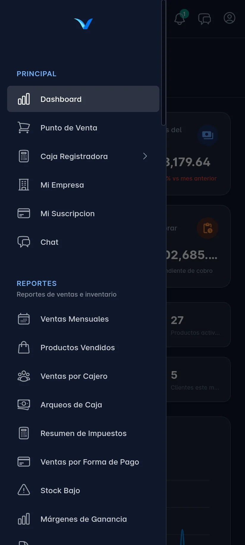 Ventix en un celular con el menú lateral abierto encima de la pantalla. Se ven el grupo Principal, con Dashboard, Punto de Venta y Mi Empresa, y los demás grupos debajo.