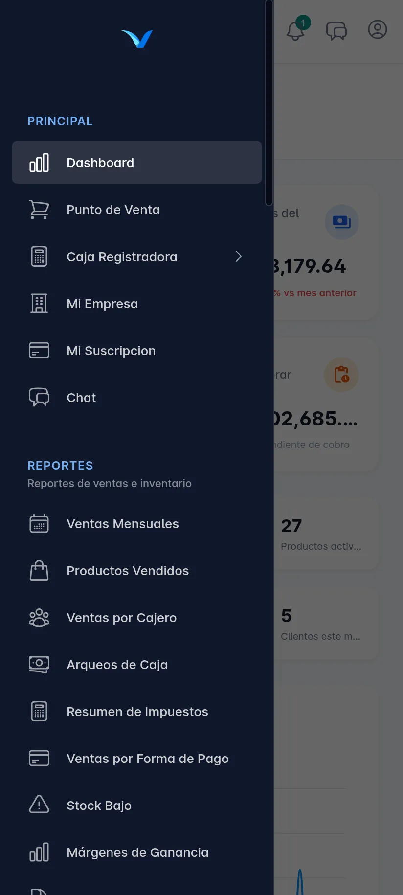 Ventix en un celular con el menú lateral abierto encima de la pantalla. Se ven el grupo Principal, con Dashboard, Punto de Venta y Mi Empresa, y los demás grupos debajo.