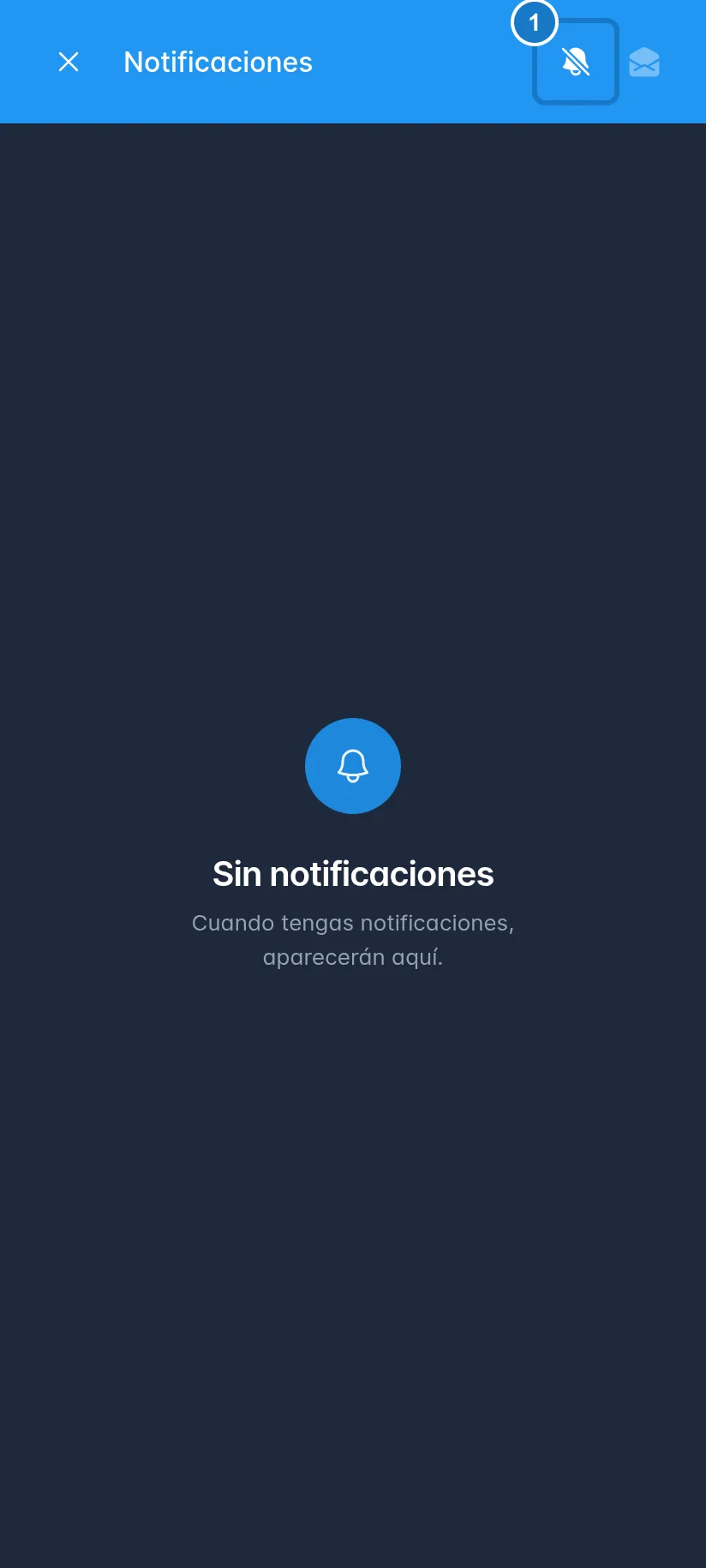 Panel Notificaciones abierto en un celular: 1, el botón para activar o desactivar las notificaciones push; a su lado, el botón para marcar todas como leídas.