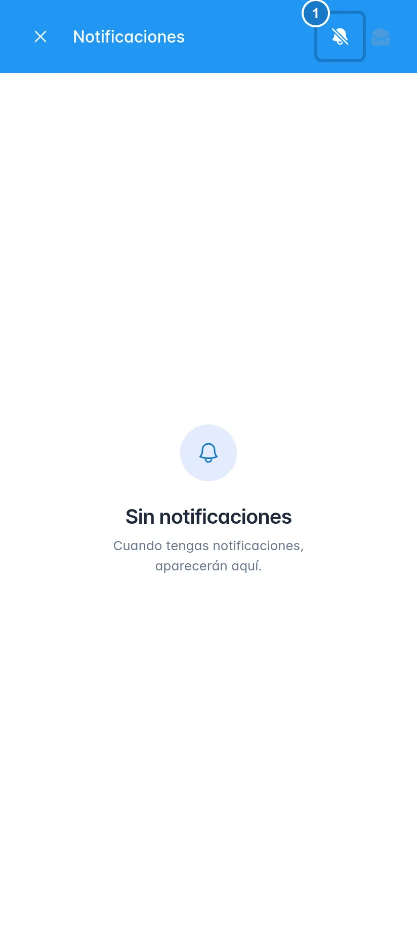 Panel Notificaciones abierto en un celular: 1, el botón para activar o desactivar las notificaciones push; a su lado, el botón para marcar todas como leídas.