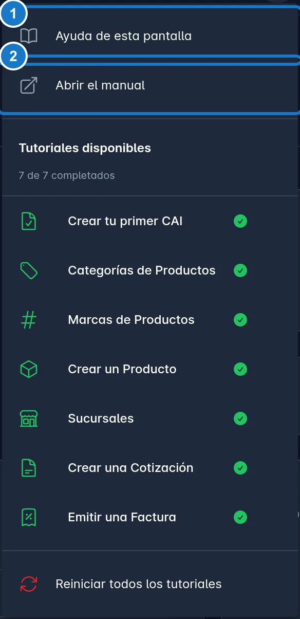 Menú del botón de ayuda abierto: 1, Ayuda de esta pantalla; 2, Abrir el manual; debajo, la lista Tutoriales disponibles con cuántos llevas completados.