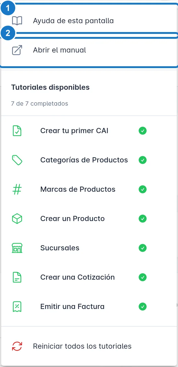Menú del botón de ayuda abierto: 1, Ayuda de esta pantalla; 2, Abrir el manual; debajo, la lista Tutoriales disponibles con cuántos llevas completados.
