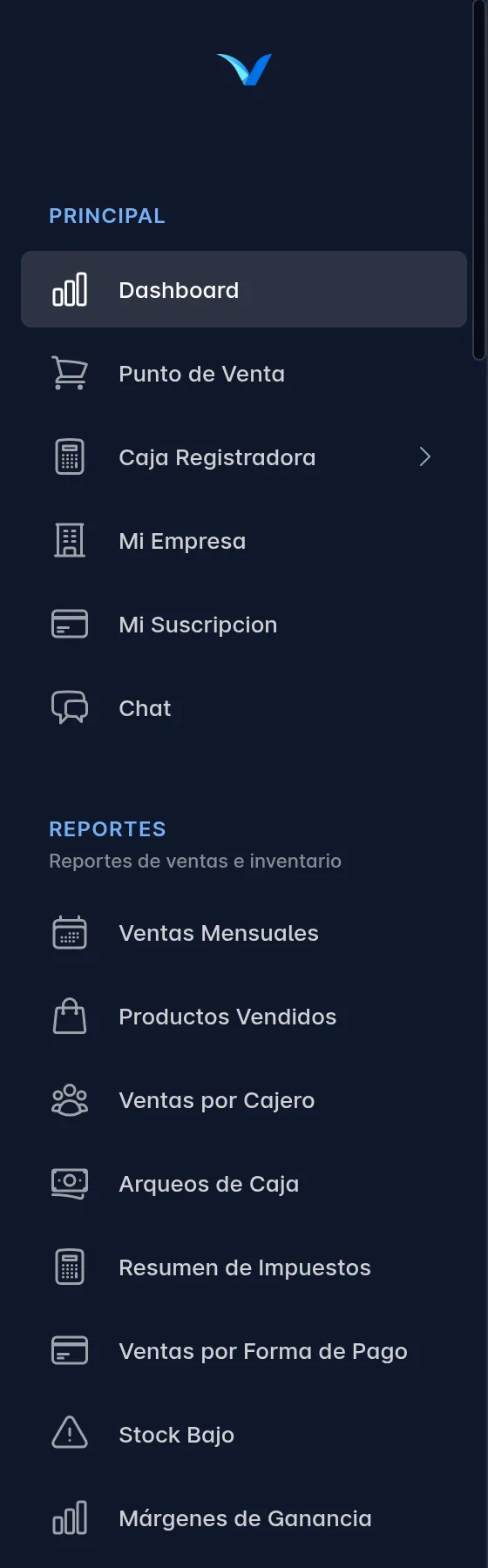 Menú lateral con nombres, del usuario administrador. Se ven los grupos Principal, con Dashboard, Punto de Venta y Mi Empresa, y debajo Reportes, CRM, Inventario y los demás grupos.