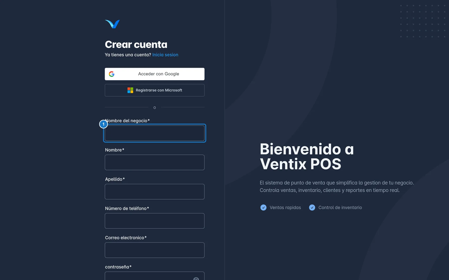 Pantalla Crear cuenta de Ventix. Arriba están los botones de Google y Registrarse con Microsoft; debajo, el formulario: 1, el campo Nombre del negocio; 2, la casilla para aceptar los Términos y la Política de Privacidad; 3, el botón Crear cuenta gratis.
