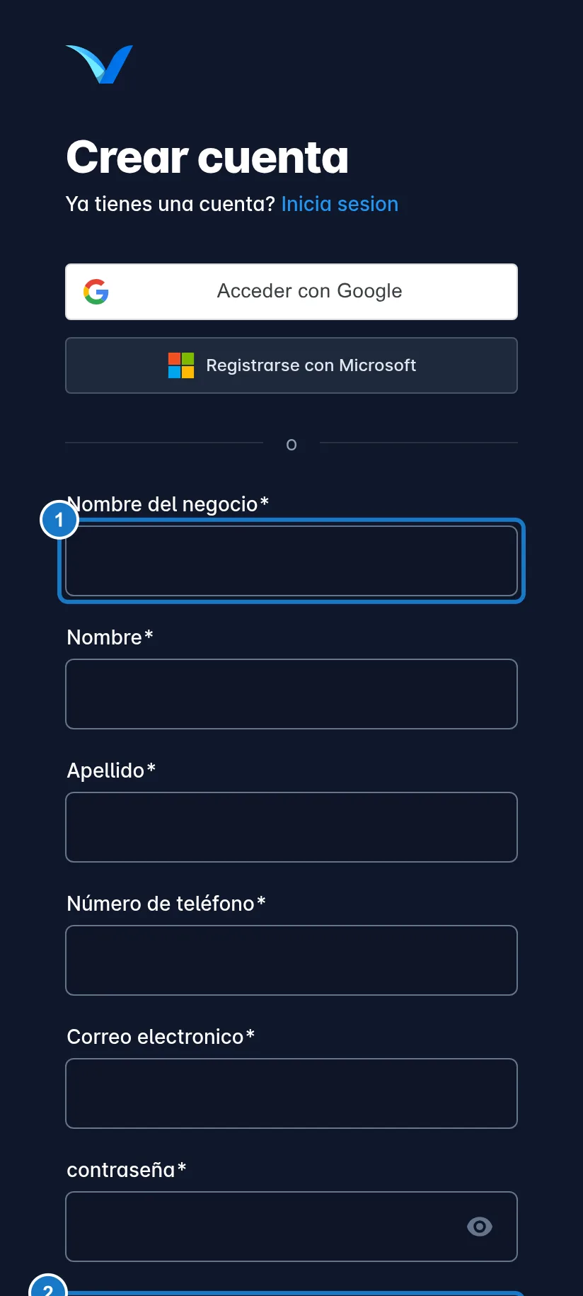 Pantalla Crear cuenta en un celular, con los mismos pasos: 1, Nombre del negocio; 2, la casilla de los Términos; 3, el botón Crear cuenta gratis.