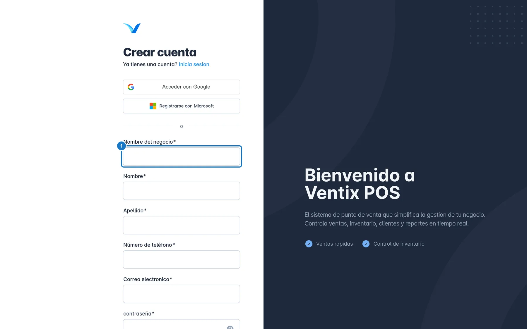 Pantalla Crear cuenta de Ventix. Arriba están los botones de Google y Registrarse con Microsoft; debajo, el formulario: 1, el campo Nombre del negocio; 2, la casilla para aceptar los Términos y la Política de Privacidad; 3, el botón Crear cuenta gratis.