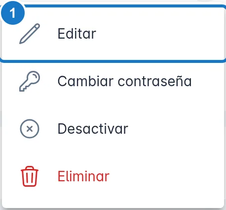 Menú de acciones de un usuario en la lista de Usuarios, con las opciones Editar, Cambiar contraseña, Desactivar y Eliminar; marcada con el 1, la opción Editar.