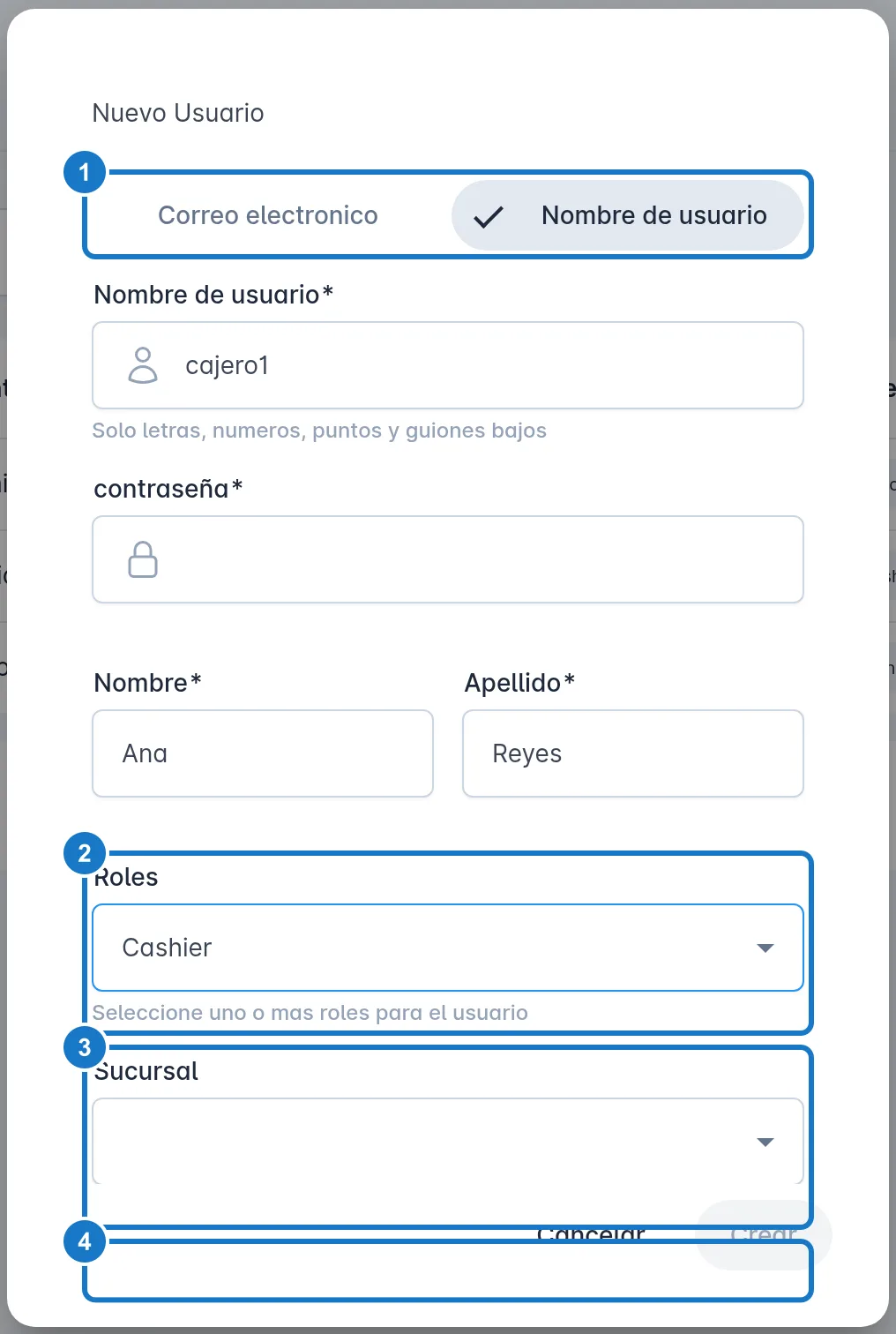 Ventana Nuevo Usuario con la opción Nombre de usuario elegida y el rol Cashier: 1, los botones Correo electronico y Nombre de usuario; 2, el selector Roles; 3, el selector Sucursal; 4, el interruptor Permitir editar precios en POS.
