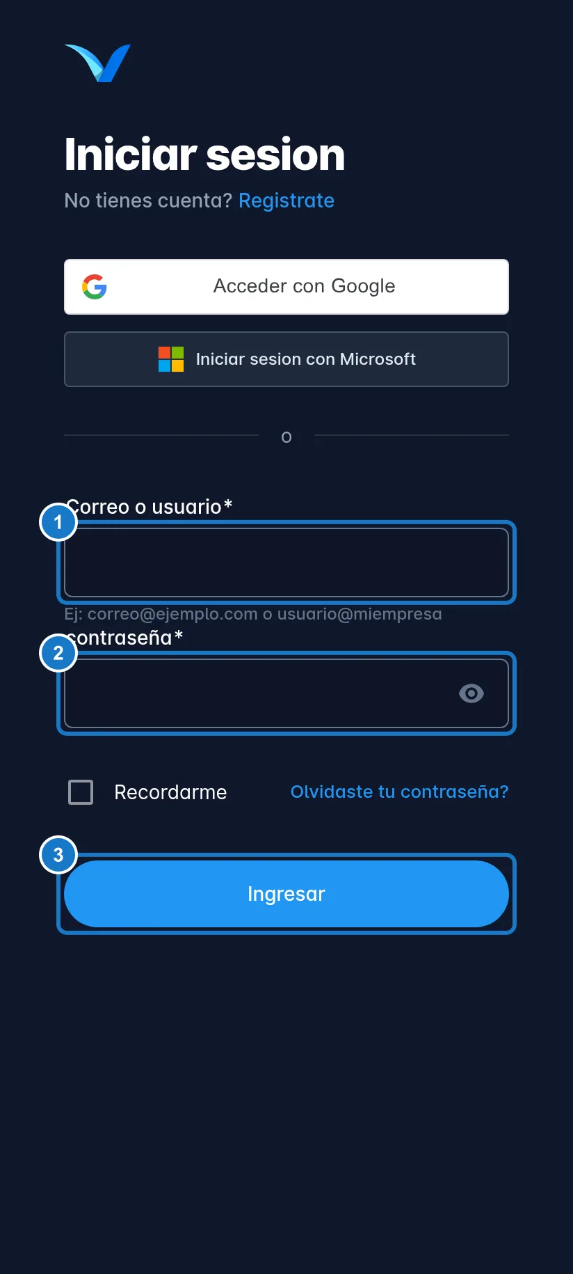 Pantalla Iniciar sesion en un celular, con los mismos campos: 1, Correo o usuario; 2, contraseña; 3, el botón Ingresar.