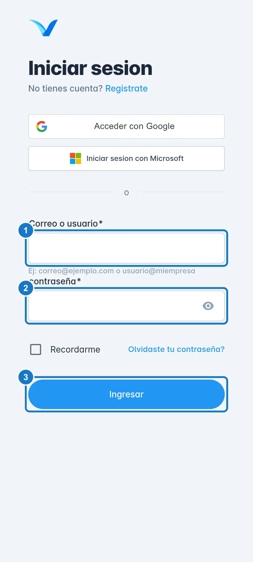 Pantalla Iniciar sesion en un celular, con los mismos campos: 1, Correo o usuario; 2, contraseña; 3, el botón Ingresar.
