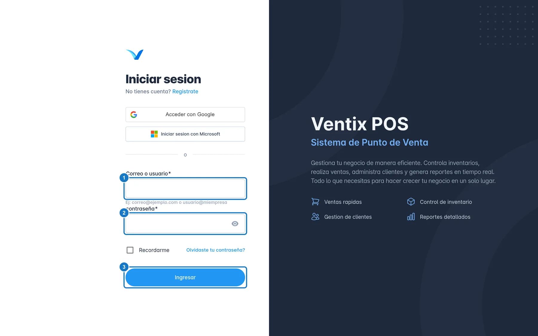 Pantalla Iniciar sesion de Ventix. A la izquierda están los botones Acceder con Google e Iniciar sesion con Microsoft y, debajo, el formulario: 1, el campo Correo o usuario; 2, el campo contraseña; 3, el botón Ingresar.
