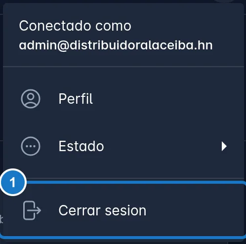 Menú del usuario abierto. Arriba dice Conectado como y el correo del usuario; debajo están Perfil, Estado y, marcada con el 1, la opción Cerrar sesion.