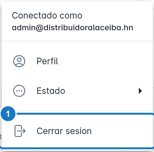 Menú del usuario abierto. Arriba dice Conectado como y el correo del usuario; debajo están Perfil, Estado y, marcada con el 1, la opción Cerrar sesion.