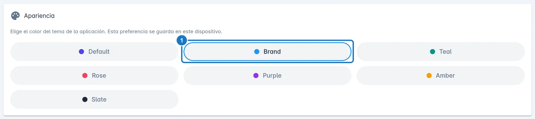 Tarjeta Apariencia de Mi Empresa, con el texto Elige el color del tema de la aplicación y los colores disponibles; el color elegido tiene un borde, marcado con el 1.